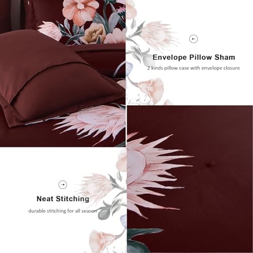 Luxudecor Burgundy Floral Comforter Set Queen Size 7 Piece, Flower Bed in a Bag, Elegant Floral Comforter with Sheet Set, Soft Microfiber Bedding Set for All Season (Burgundy, 90"x90")