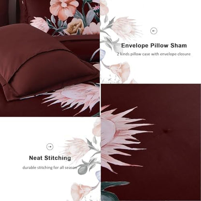 Luxudecor Burgundy Floral Comforter Set Queen Size 7 Piece, Flower Bed in a Bag, Elegant Floral Comforter with Sheet Set, Soft Microfiber Bedding Set for All Season (Burgundy, 90"x90")
