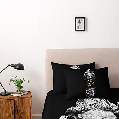Modern Art Design Duvet Cover Set Full Size Black Golden Skull Comforter Covers Pillow Shams Black Background Bed Set Broken Statue Doce Bedding Sets