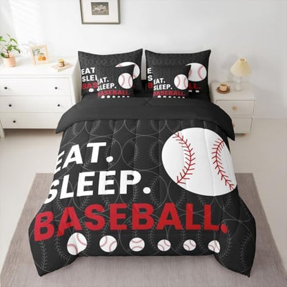Erosebridal Kids Baseball Games Softball Theme 7 Piece Bedding Set Twin | Black Grey Comforter Set with Sheets Sports Gaming Pattern Bed in A Bag Men Teens Bed Sets