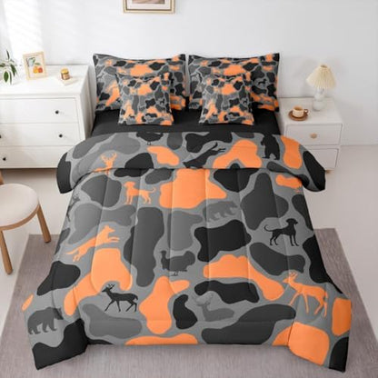 Erosebridal Hunter Deer 7 Piece Bedding Set Full Camouflage Comforter Set with Sheets Black Orange Army Camo Woods Bed in a Bag Hound Bear Wolf Turkey Pattern for Kids Boys Girls