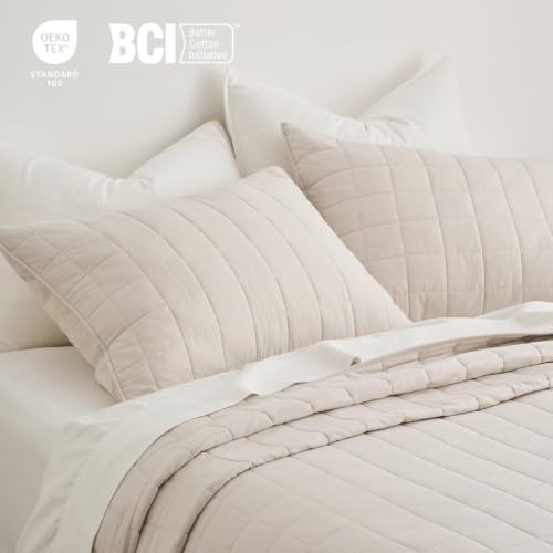 EVERGRACEHOME 100% Cotton Box Stitch Quilt Set, Oversized King, Birch