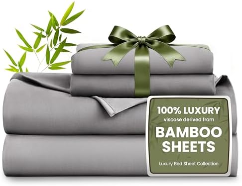 Love's cabin 4 Piece Queen Sheet Set, 100% Rayon Derived from Bamboo, Cooling & Breathable, Soft Silky Deep Pocket up to 16", Hotel Luxury Bedding for Hot Sleepers, Grey