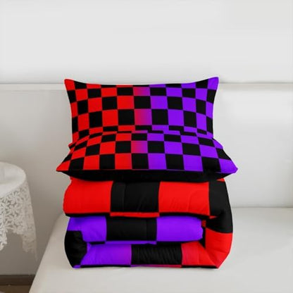 Feelyou Checkered Retro Comforter Set Queen Size Geometric Vintage Bedding Set for Kids Boys Girls Red Purple Duvet Quilt Modern Groovy Aesthetic Bedroom Decor 3 Pcs with 2 Pillow Cases