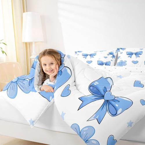 jejeloiu Bow Comforter Set All Season Bowknot Bedding Set with 1 Pillow Cases White Blue Microfiber Kids Toddler Bedclothes Bow-tie Bedroom Decor Duvet Quilt Breathable Soft Lightweight