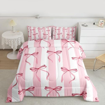 jejeloiu Girls Pink Bow Comforter Set All Season Cute Bowknot Bedding Set with 1 Pillow Cases Bow Microfiber Kids Twin Bedclothes Bedroom Decor Duvet Quilt Breathable Soft Lightweight