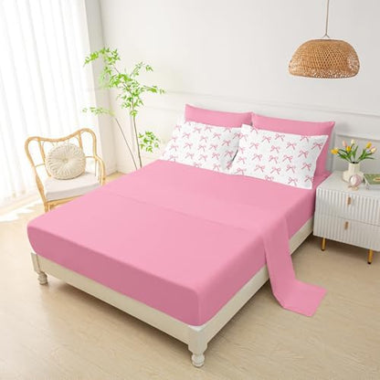 QOOMO Pink Bow 7 Pieces Comforter Set Twin Size,Bowknot Bedding Set