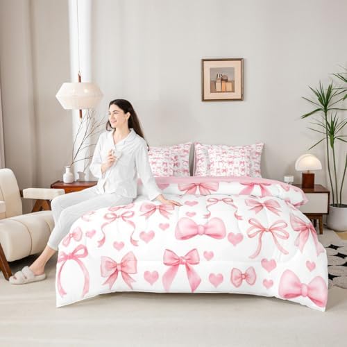Erosebridal Princess Bow Bed in a Bag King Size Comforter Set 7 Pieces | Pink Bow Tie Bedding Sets Cute Ribbon Bowknot Comforter and Sheet Set, Girly Kawaii Love Hearts Bed Sets
