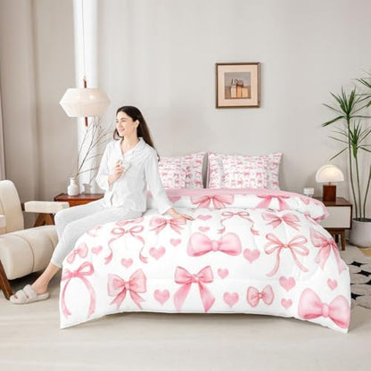 Erosebridal Princess Bow Bed in a Bag King Size Comforter Set 7 Pieces | Pink Bow Tie Bedding Sets Cute Ribbon Bowknot Comforter and Sheet Set, Girly Kawaii Love Hearts Bed Sets
