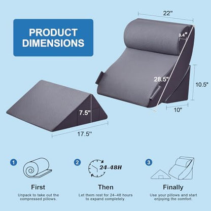 Wedge Pillow for Sleeping - High Density Foam Triangle Pillow for Elevated Sleeping, Post Surgery Support, Bed Wedge Pillow for Headboard, White Grey, 7.5" (Dark Grey, 4PCS)