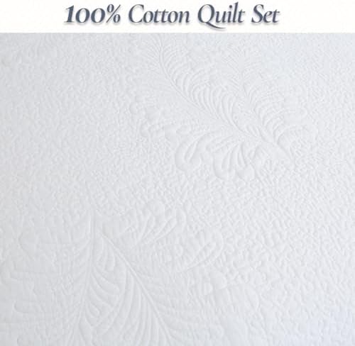 Cozy Line Home Fashions White Cotton Quilt Set Queen – 3-Piece Quilted Botanical Stitch Bedspread with Shams, Elegant All Season Bedding