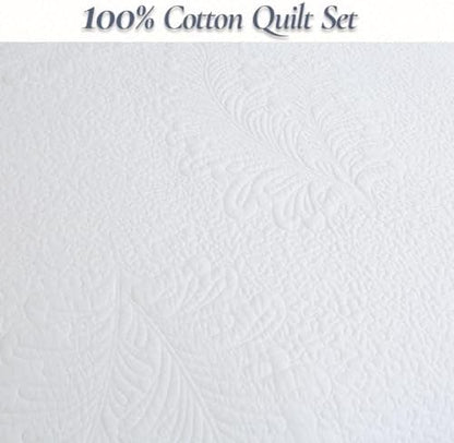 Cozy Line Home Fashions White Cotton Quilt Set Queen – 3-Piece Quilted Botanical Stitch Bedspread with Shams, Elegant All Season Bedding