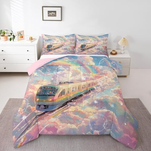 Homewish Rainbow Train Comforter Set Full Size,Colorful Cloud Sky Bedding Set 3Pcs for Kids Girls Boys Teens Room Decor,Rail Transit Vehicle Quilt Set Dreamy Fairy Tale Duvet Insert,2 Pillowcases