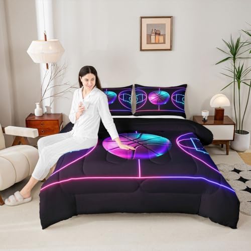 Basketball Duvet Insert Twin,Sports Game Bedding Set 2 Pcs for Kids Teens Boys Room Decor,Neon Watercolor Geometric Lines Comforter Set Black Microfiber Quilted Duvet with 1 Pillowcase