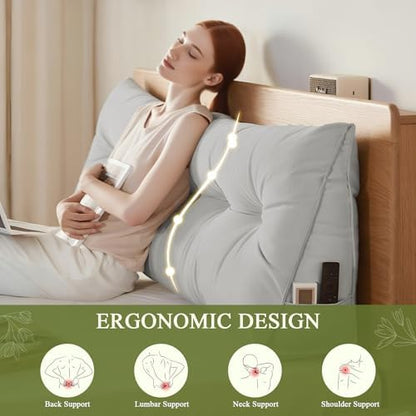 DANGHOOGY Headboard Pillow Queen, Large Triangular Wedge Headboard Pillow for Reading and Resting, Backrest Positioning Support Pillow with Removable Cover (Light Grey)
