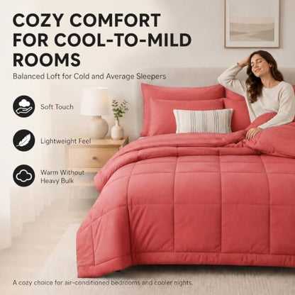 CozyLux Queen Comforter Set Coral - 7 Pieces Bed in a Bag