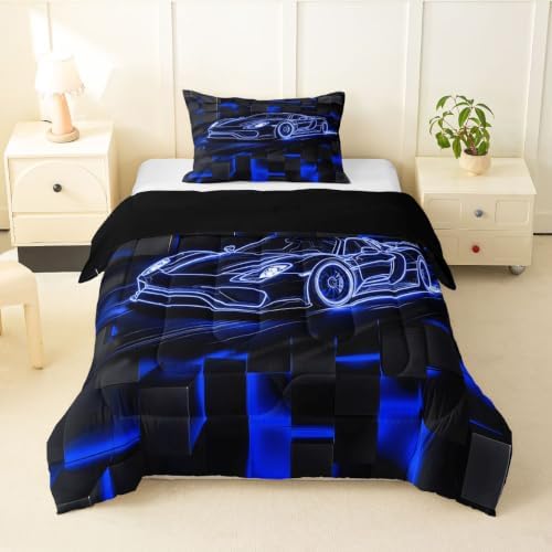 Feelyou Blue Race Car Comforter Set Toddler Size Bedding Set