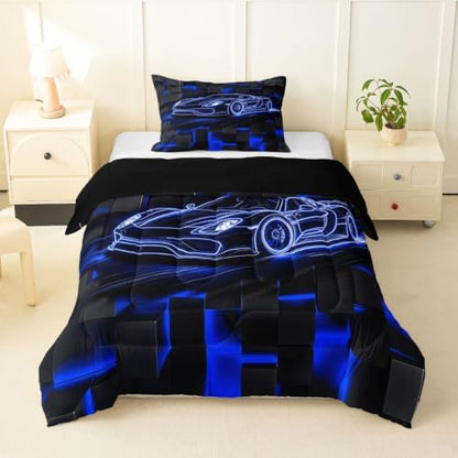 Feelyou Blue Race Car Comforter Set Toddler Size Bedding Set