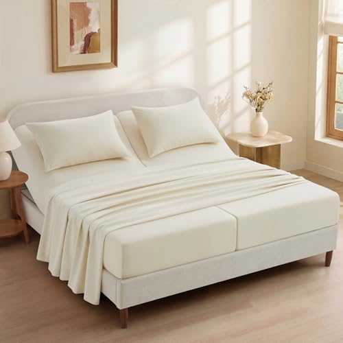P Pothuiny 5-Piece Split King Sheets Set, Beige Soft Microfiber Fabric