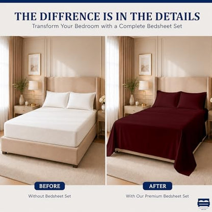Cottingon 4 Piece Full Sheets Fits 16" Deep, Egyptian Cotton, Burgundy