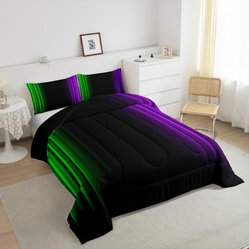 Feelyou Teens Abstract Ombre Decorations Bedding Set for Kids Women Green Purple and Black Comforter Set Geometric Modern Quilt Set Room 3Pcs Queen Size
