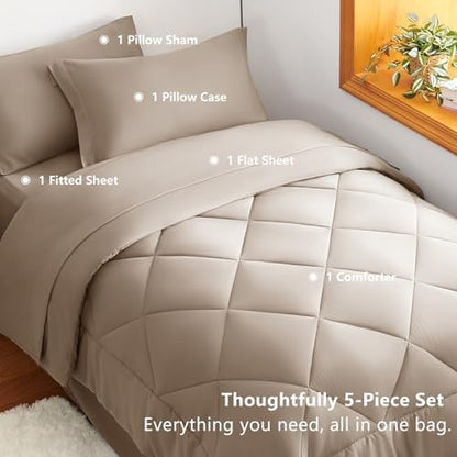 CozyLux Twin XL Comforter Set 68"x88" Khaki - 5 Piece Bed in a Bag