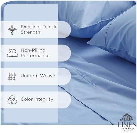 Linen Home 6 Piece Cal King Sheet Set, 100% Cotton Percale, 4 Pillowcases, Deep Pocket with All Around Elastic Sheet, Crisp Breathable Bedding, Hotel Luxury, Long-Staple Combed Cotton, Baby Blue