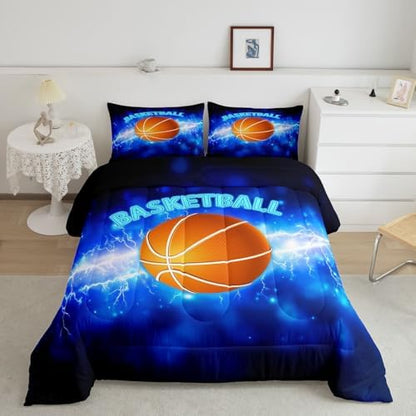 Glowing Basketball Comforter Set Twin Size 3D Flame and Lightning Basketball Bedding Set for Kids Boys Teens Bedroom Decor Ball Sports Games Quilted Duvet Cool Blue Duvet Insert,1 Pillowcase