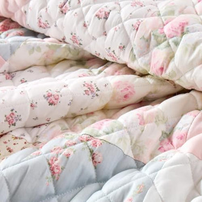 Wonderful - Real Patchwork Quilt Set King Size, 3 Piece Cotton Front Floral Pink Bedding, Boho Farmhouse Reversible Bedspread for All Season,104"x90"