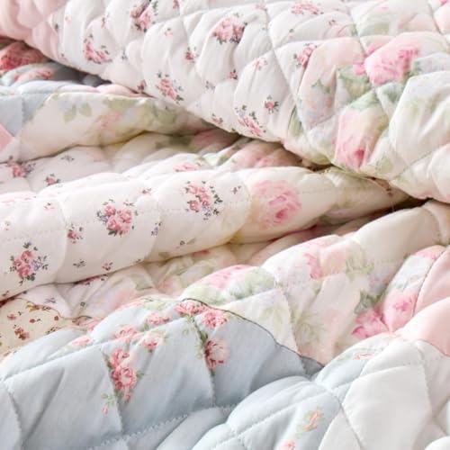 Wonderful - Real Patchwork Quilt Set Queen Size, 3 Piece Cotton Front Floral Pink Bedding, Boho Farmhouse Reversible Bedspread for All Season, 90"x90"