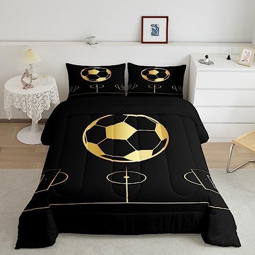 Kids Football Comforter Set King Size Gold Geometric Lines Football Field Bedding Set 3Pcs for Boys Teens Men Room Decor Soccer Sport Games Quilt Set Fashion Black Duvet Insert,2 Pillowcases