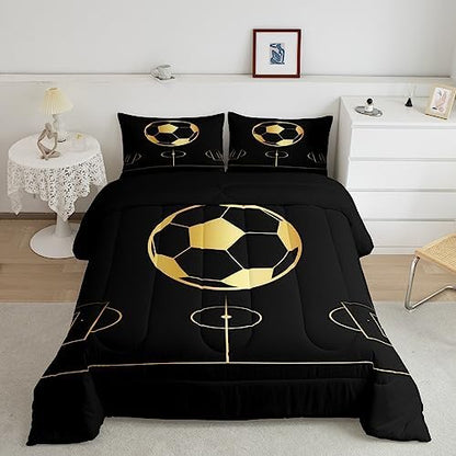 Kids Football Comforter Set Full Size Gold Geometric Lines Football Field Bedding Set 3Pcs for Boys Teens Men Room Decor Soccer Sport Games Quilt Set Fashion Black Duvet Insert,2 Pillowcases