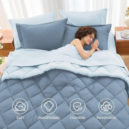 MUXHOMO 7 Pieces King Comforter Set, Reversible Bed in a Bag King Size, All Season Bedding Set with Comforter, Flat Sheet, Fitted Sheet, Pillowcases & Shams, Mineral Blue & Light Blue