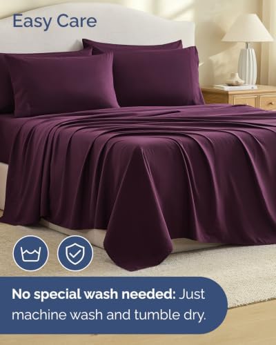 Split King 7 Piece Bed Sheet Set - Soft, Breathable & Cooling - Deep Purple