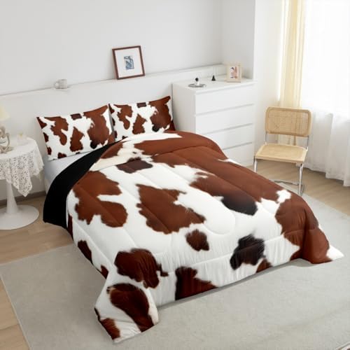 Erosebridal Cowhide Comforter Set for Kids Boys, Cute Brown White Cow Bedding Set King Size, Farm Animal Skin Down Comforter Western Cowboy Country Duvet Sets Farmhouse Decoration