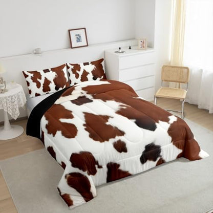 Erosebridal Cowhide Comforter Set for Kids Boys, Cute Brown White Cow Bedding Set Full Size, Farm Animal Skin Down Comforter Western Cowboy Country Duvet Sets Farmhouse Decoration