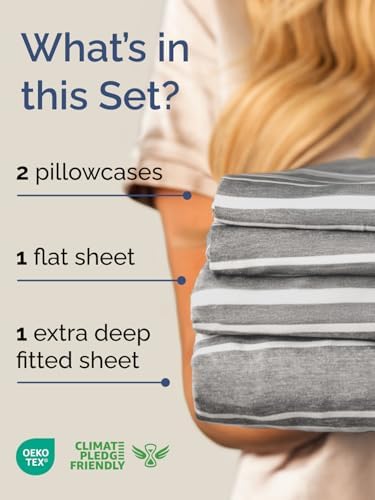 Extra Deep Full Sheet Set - 4 Piece Breathable & Cooling - Grey Stripes