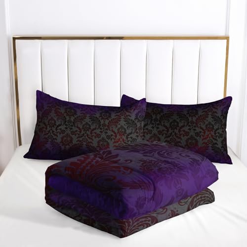 Black Purple Paisley Floral Victorian Gothic Comforter Set Twin，Gothic Bedding Set Twin Purple，with 1 Comforter with 2 Pillow Case，Halloween Room Decor for Bedroom