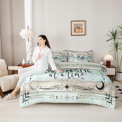 Happy Camping Comforter Set Full, 7 Pieces Rv Camper Bed In A Bag Rustic Farmhouse Bedding Vintage Old Barn Door Bed Set (1 Comforter,2 Pillowcase,2 Throw Pillow Covers,1 Flat Sheet,1 Fitted Sheet)