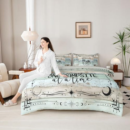 Happy Camping Comforter Set Queen, 7 Pieces Rv Camper Bed In A Bag Rustic Farmhouse Bedding Vintage Old Barn Door Bed Set (1 Comforter,2 Pillowcase,2 Throw Pillow Covers,1 Flat Sheet,1 Fitted Sheet)
