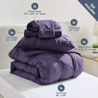 Nestl 7 Piece Twin XL Comforter Set – Purple Pinch Pleated Bed in a Bag – Complete Twin XL Size Bedding Set with Sheets, Set of 2 Cooling Pillows, Pillowcase and Sham