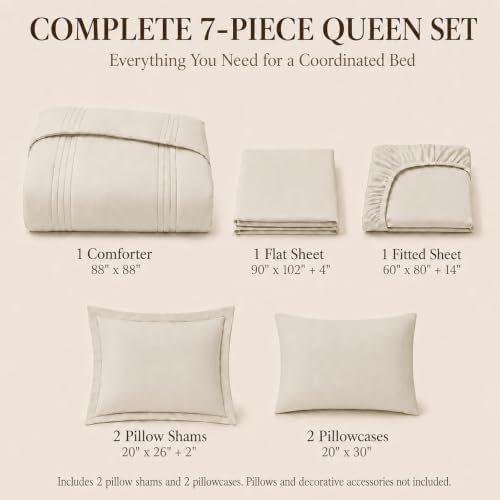 CozyLux Queen Comforter Set Beige - 7 Pieces Vertical Quilted Bed in a Bag