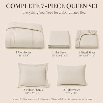 CozyLux Queen Comforter Set Beige - 7 Pieces Vertical Quilted Bed in a Bag