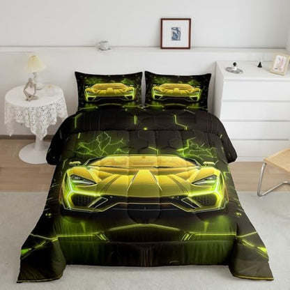 Feelyou Boys Race Car Comforter Set,Kids Sports Car Bedding Set King Size,Boys Bedroom Room Decor,Cool Speed Luxury Racing Car Comforter,Geometric Hexagon Racing Car Bed Set for All Season