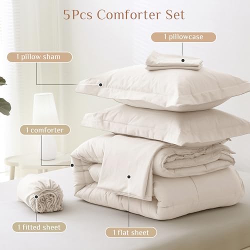 JOLLYVOGUE Twin Comforter Set, Ultra-Soft Bed in a Bag Twin Size 5 Pieces, Oeko-TEX Certified Bedding Set with Down Alternative Comforter, Sheets, Pillowcases & Shams, Beige
