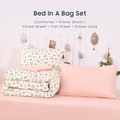 Wake In Cloud - Floral Comforter Set with Sheets, Coquette Cottagecore Aesthetic Flower Shabby Chic Pattern for Women Teen Girls, 5 Pieces Bed in a Bag, Peach Blush, Twin Size