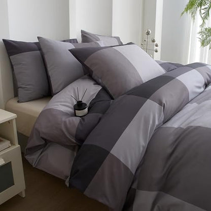 mixinni King Comforter Set Men Boys Geometric Checkered Plaid Printed Bedding Comforter for All Season Soft Lightweight Bedding Set-(King Size, Grey,Black)