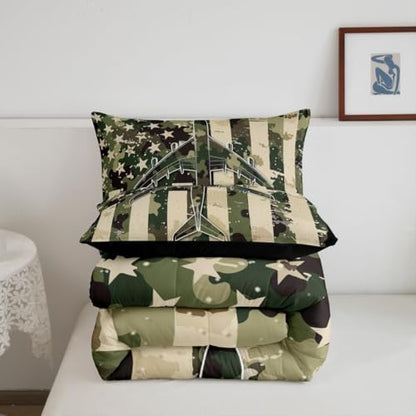 Erosebridal Camo American Flag Comforter Set Queen Camouflage Military Aircraft Bedding Set Army Green Airplane Comforter for Kids Boys Girls Vintage Patriotic Plane Quilt Duvet