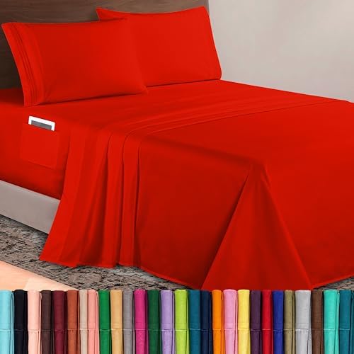 Elegant Comfort Luxurious 1500 Premium Hotel Quality Microfiber 4-Piece Sheet Set, 18-24 Inches Deep - Extra Deep Pocket Sheets - Ultra Soft 4PC Deep Pocket Sheets, King, Red