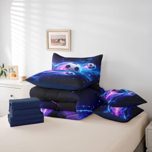 Feelyou Football Comforter Set with Sheets 7 Piece King Size Soccer Bedding Set for Kids Boys Girls Sports Theme Bed in a Bag Room Decor Soft Lightweight Microfiber